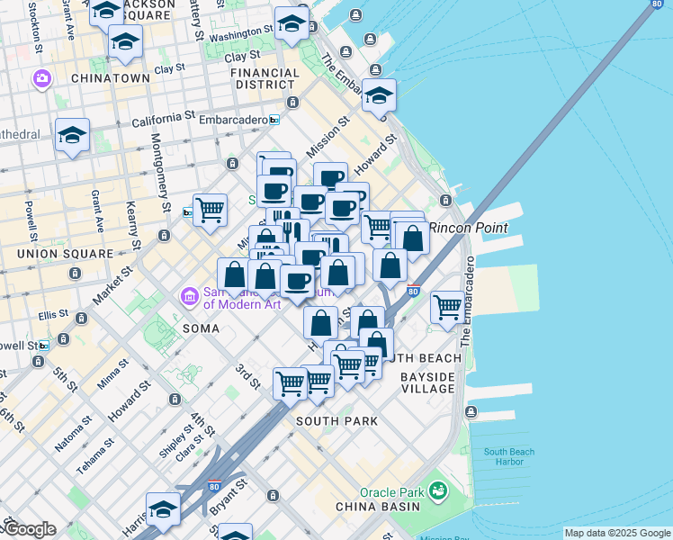 map of restaurants, bars, coffee shops, grocery stores, and more near 333 1st Street in San Francisco