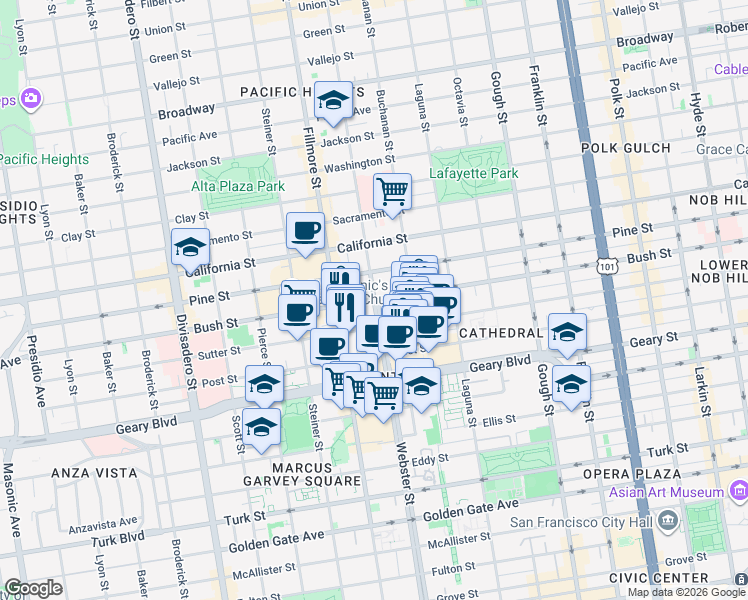 map of restaurants, bars, coffee shops, grocery stores, and more near Webster St & Bush St in San Francisco