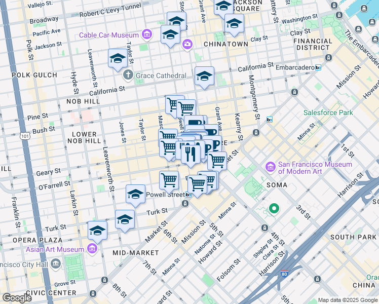 map of restaurants, bars, coffee shops, grocery stores, and more near in San Francisco