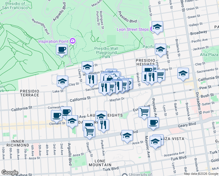 map of restaurants, bars, coffee shops, grocery stores, and more near 3530 California Street in San Francisco