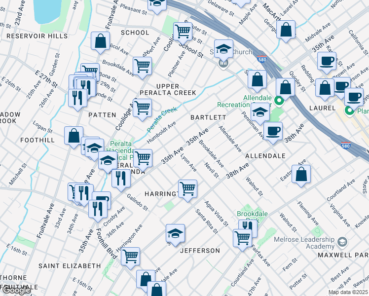 map of restaurants, bars, coffee shops, grocery stores, and more near 2518 35th Avenue in Oakland