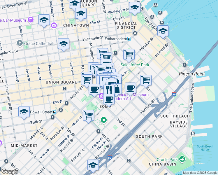 map of restaurants, bars, coffee shops, grocery stores, and more near 111-121 New Montgomery Street in San Francisco