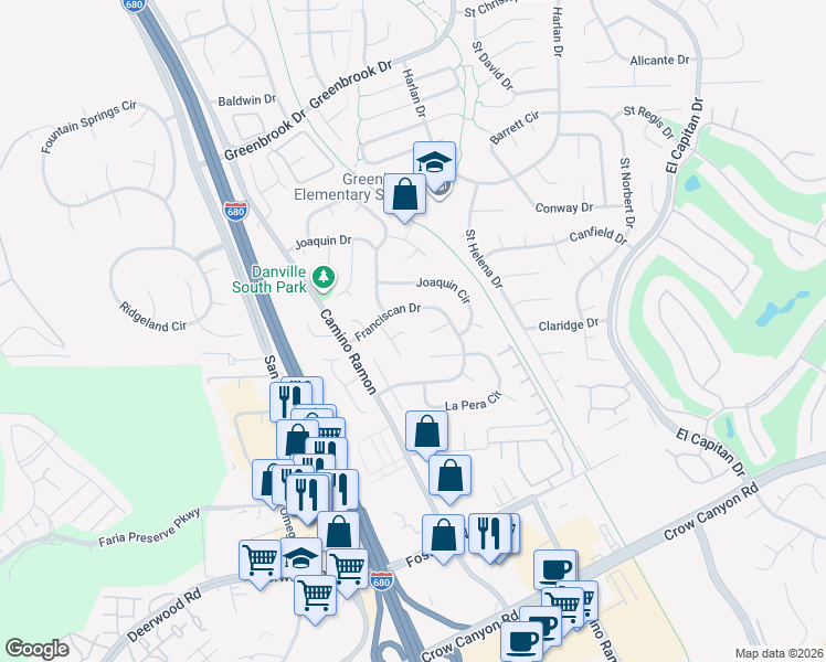 map of restaurants, bars, coffee shops, grocery stores, and more near 38 Barcelona Place in Danville