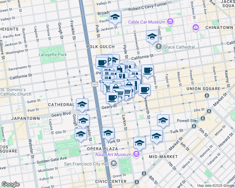 map of restaurants, bars, coffee shops, grocery stores, and more near 1078 Sutter Street in San Francisco