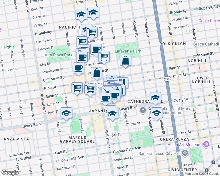 map of restaurants, bars, coffee shops, grocery stores, and more near Buchanan Street in San Francisco