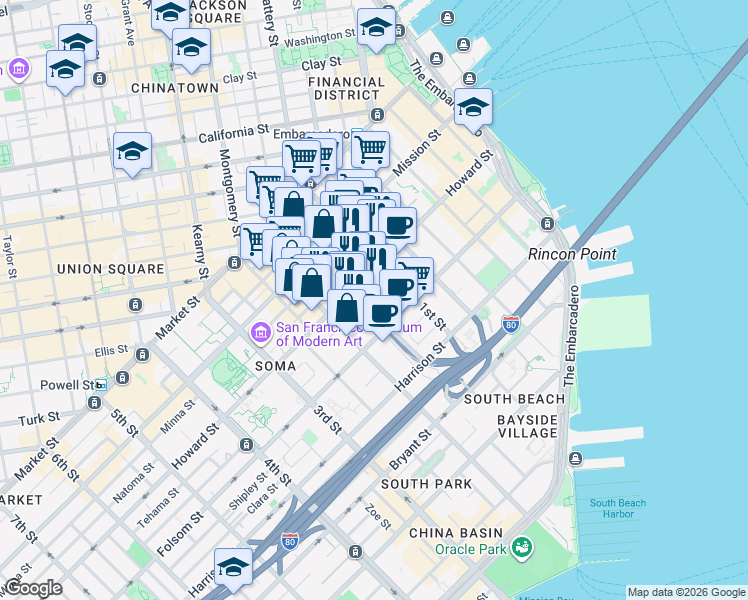 map of restaurants, bars, coffee shops, grocery stores, and more near 33 Tehama Street in San Francisco