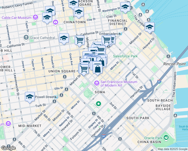 map of restaurants, bars, coffee shops, grocery stores, and more near 105 Jessie Street in San Francisco