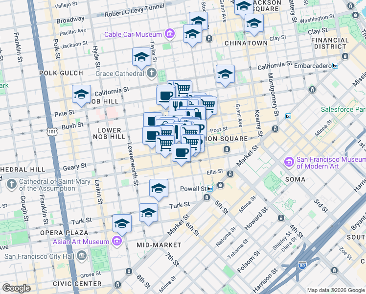 map of restaurants, bars, coffee shops, grocery stores, and more near 398 Geary Street in San Francisco