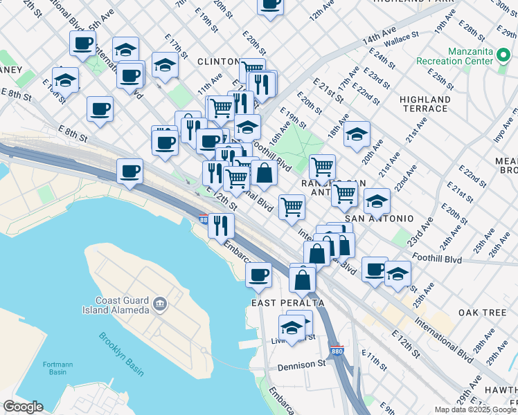 map of restaurants, bars, coffee shops, grocery stores, and more near 1460 17th Avenue in Oakland