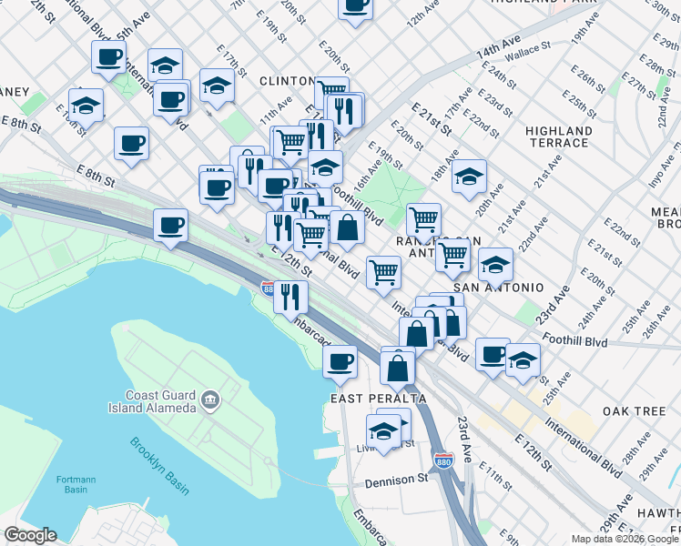 map of restaurants, bars, coffee shops, grocery stores, and more near 1711 International Boulevard in Oakland