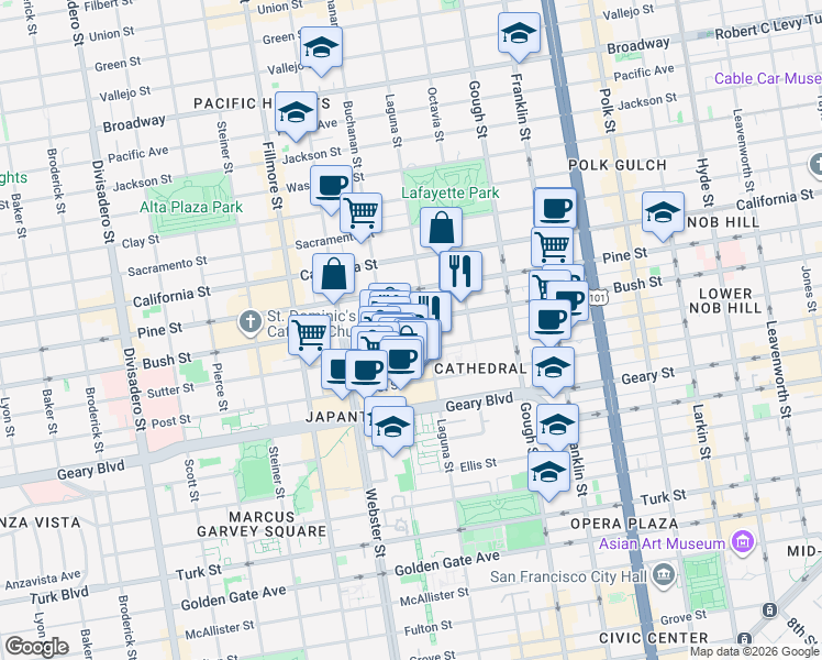 map of restaurants, bars, coffee shops, grocery stores, and more near 1915 Bush Street in San Francisco