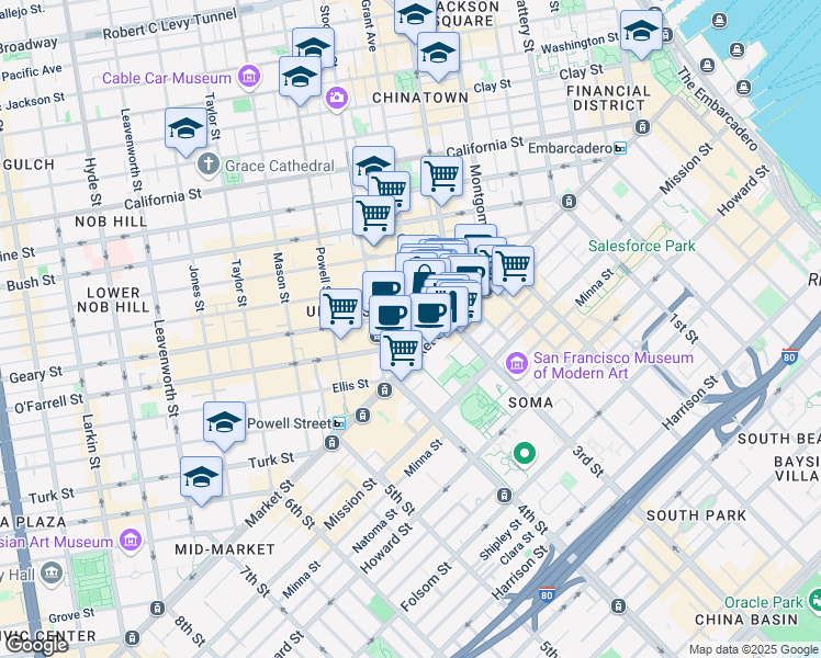 map of restaurants, bars, coffee shops, grocery stores, and more near 39 Grant Avenue in San Francisco