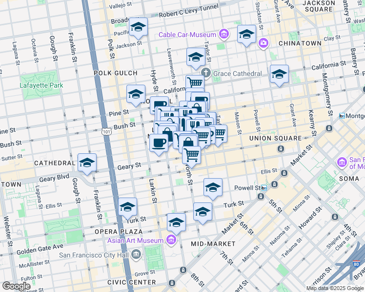 map of restaurants, bars, coffee shops, grocery stores, and more near 736 Leavenworth Street in San Francisco