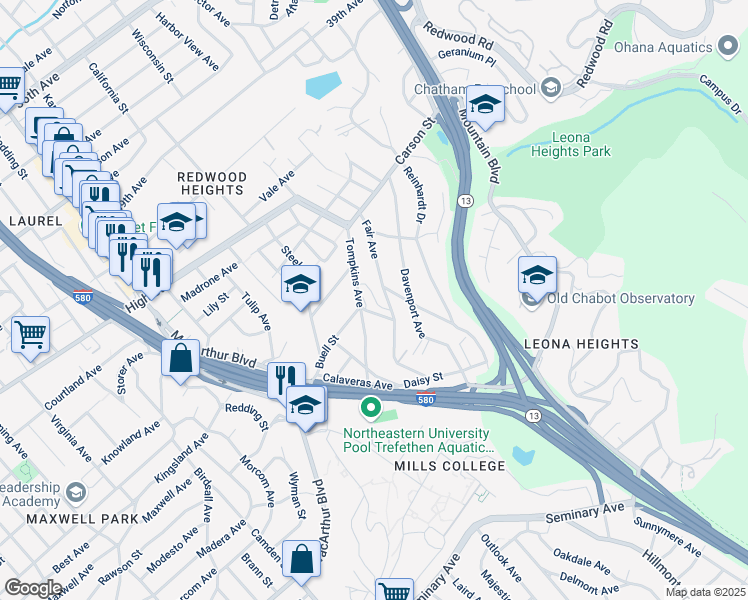 map of restaurants, bars, coffee shops, grocery stores, and more near 4628 Tompkins Avenue in Oakland