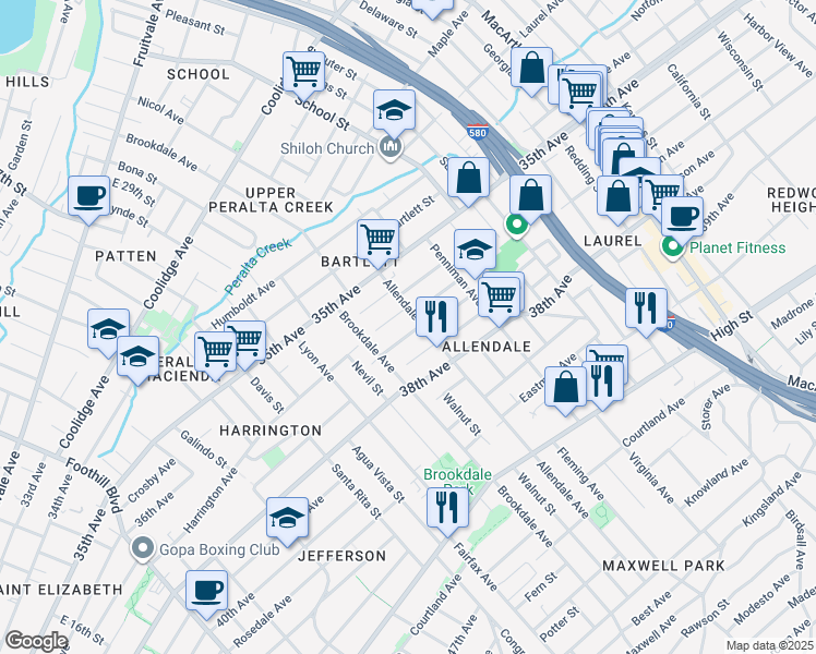 map of restaurants, bars, coffee shops, grocery stores, and more near 2727 Abbey Street in Oakland