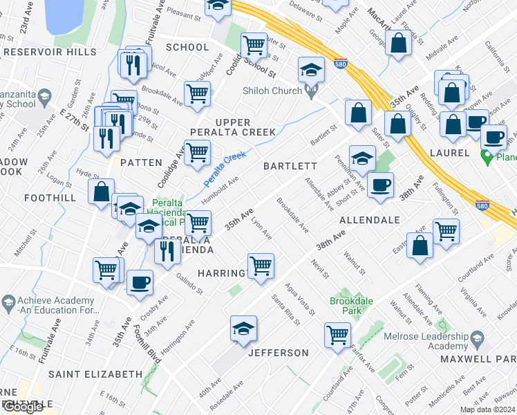 map of restaurants, bars, coffee shops, grocery stores, and more near 2565 35th Avenue in Oakland