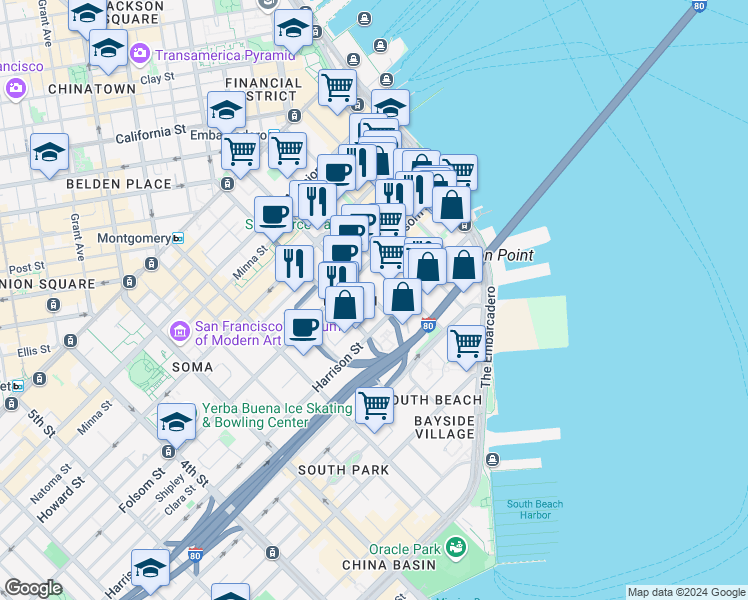 map of restaurants, bars, coffee shops, grocery stores, and more near 338 Beale Street in San Francisco