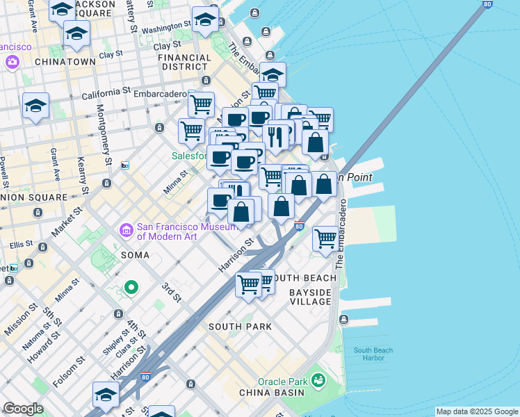 map of restaurants, bars, coffee shops, grocery stores, and more near 338 Beale Street in San Francisco