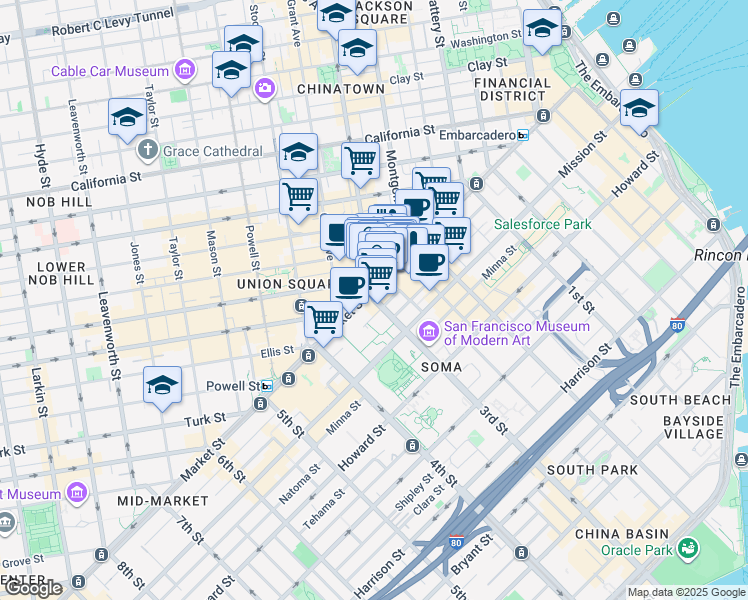 map of restaurants, bars, coffee shops, grocery stores, and more near in San Francisco
