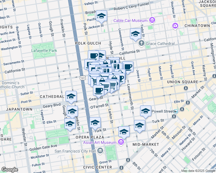 map of restaurants, bars, coffee shops, grocery stores, and more near 1078 Sutter Street in San Francisco
