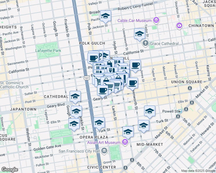 map of restaurants, bars, coffee shops, grocery stores, and more near 1078 Sutter Street in San Francisco