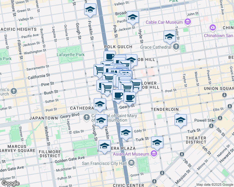 map of restaurants, bars, coffee shops, grocery stores, and more near 1295 Sutter Street in San Francisco