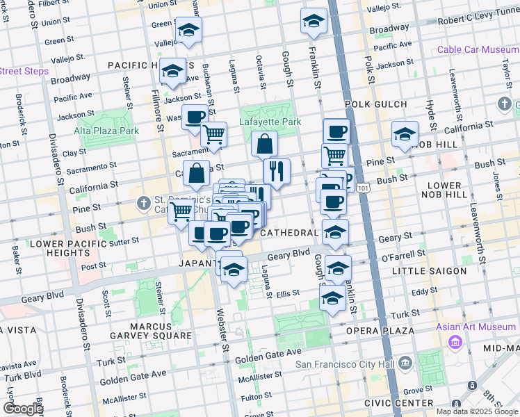 map of restaurants, bars, coffee shops, grocery stores, and more near 1830 Laguna Street in San Francisco