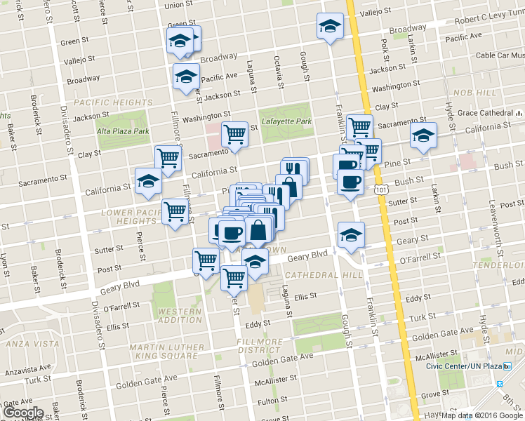 map of restaurants, bars, coffee shops, grocery stores, and more near 1830 Laguna Street in San Francisco