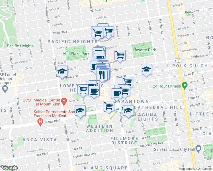 map of restaurants, bars, coffee shops, grocery stores, and more near 2263 Pine Street in San Francisco