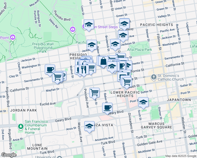 map of restaurants, bars, coffee shops, grocery stores, and more near 1814 Lyon Street in San Francisco
