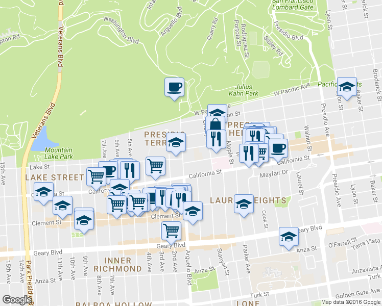 map of restaurants, bars, coffee shops, grocery stores, and more near 3962 Clay Street in San Francisco