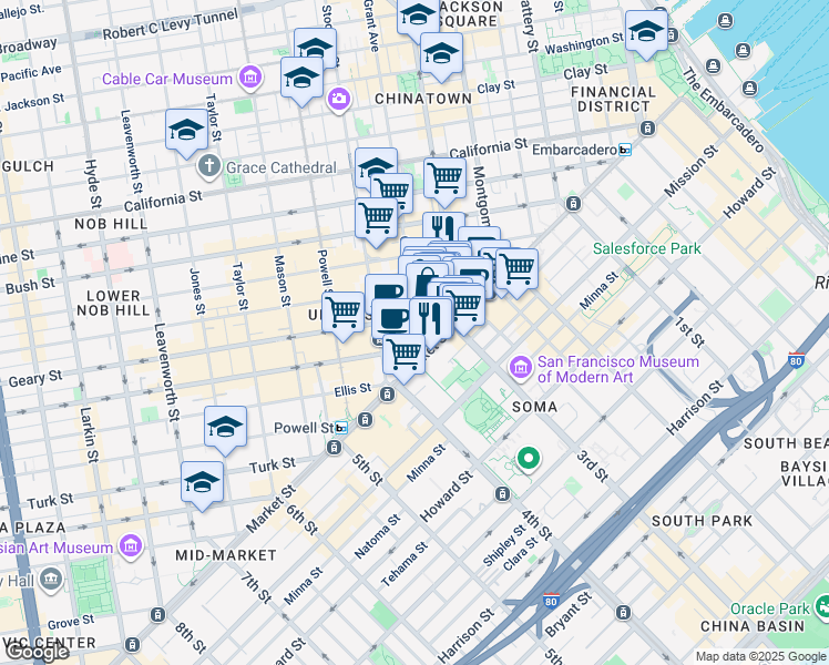 map of restaurants, bars, coffee shops, grocery stores, and more near 58 Geary Boulevard in San Francisco