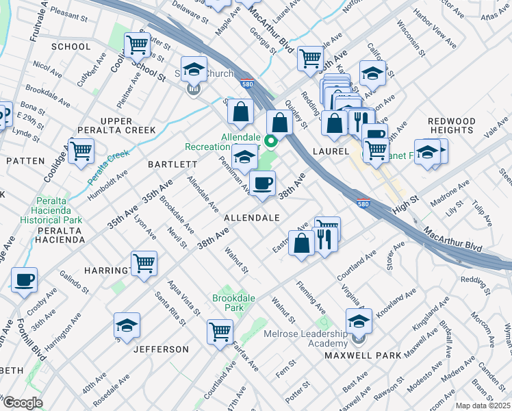 map of restaurants, bars, coffee shops, grocery stores, and more near 3781 Angelo Avenue in Oakland
