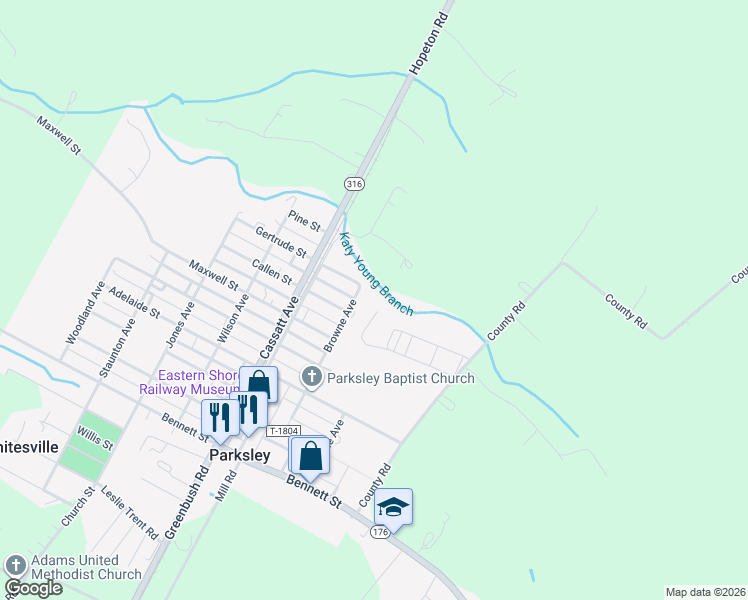 map of restaurants, bars, coffee shops, grocery stores, and more near 24371 Gertrude Street in Parksley