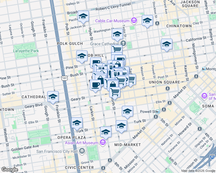 map of restaurants, bars, coffee shops, grocery stores, and more near 825 Post Street in San Francisco