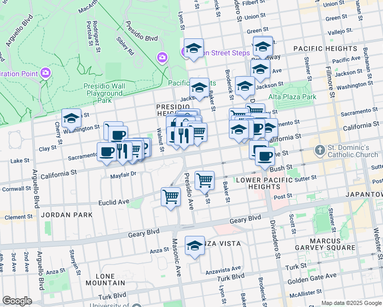 map of restaurants, bars, coffee shops, grocery stores, and more near 3153 California Street in San Francisco