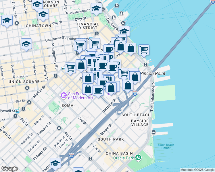 map of restaurants, bars, coffee shops, grocery stores, and more near Folsom St & 1st St in San Francisco