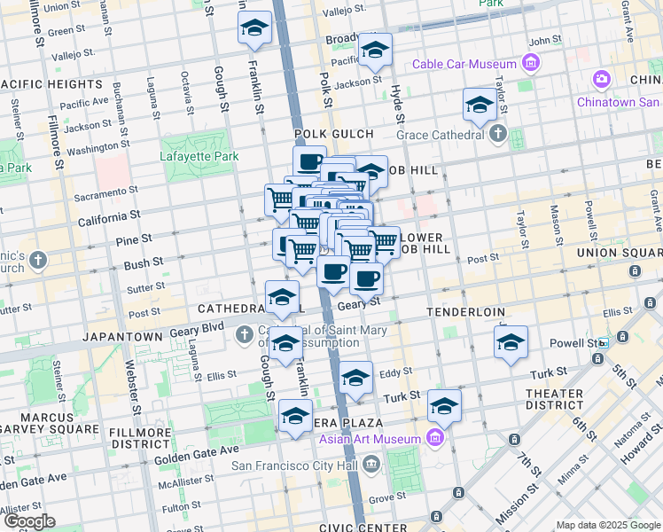 map of restaurants, bars, coffee shops, grocery stores, and more near 1285 Sutter Street in San Francisco