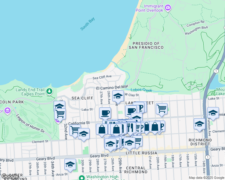 map of restaurants, bars, coffee shops, grocery stores, and more near 227 El Camino Del Mar in San Francisco