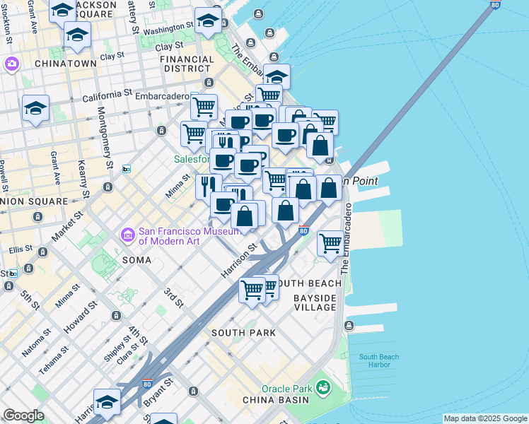 map of restaurants, bars, coffee shops, grocery stores, and more near 333 Fremont Street in San Francisco