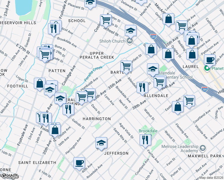 map of restaurants, bars, coffee shops, grocery stores, and more near 2550 35th Avenue in Oakland