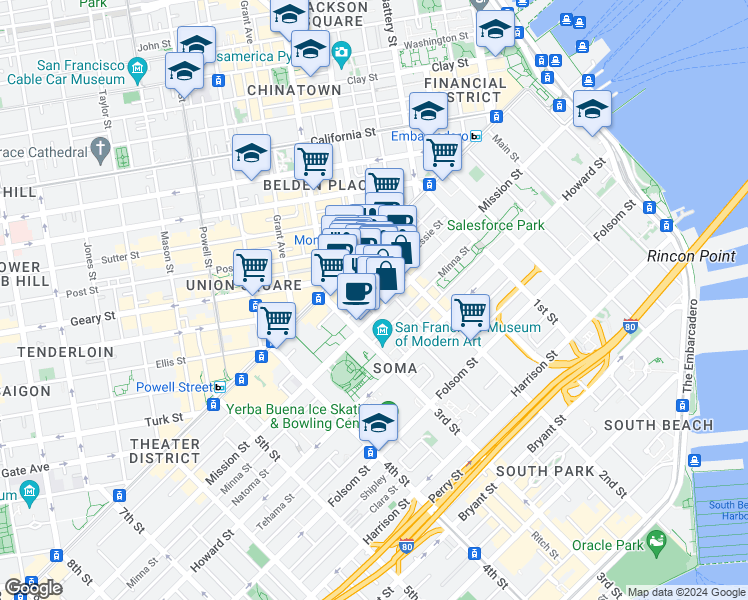 map of restaurants, bars, coffee shops, grocery stores, and more near 65 Annie Street in San Francisco