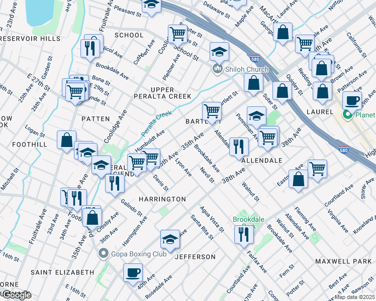 map of restaurants, bars, coffee shops, grocery stores, and more near 2565 35th Avenue in Oakland