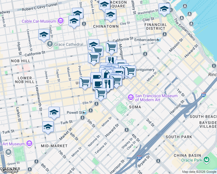 map of restaurants, bars, coffee shops, grocery stores, and more near 58 Geary Boulevard in San Francisco