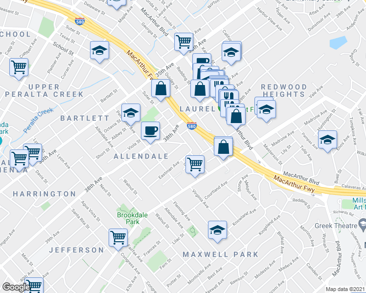 map of restaurants, bars, coffee shops, grocery stores, and more near 3154 Minna Avenue in Oakland