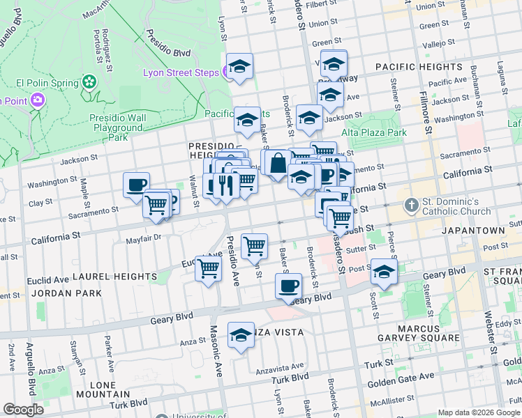 map of restaurants, bars, coffee shops, grocery stores, and more near 1814 Lyon Street in San Francisco