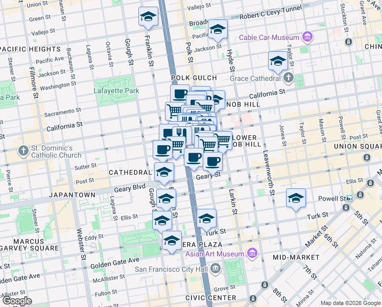 map of restaurants, bars, coffee shops, grocery stores, and more near 1295 Sutter Street in San Francisco
