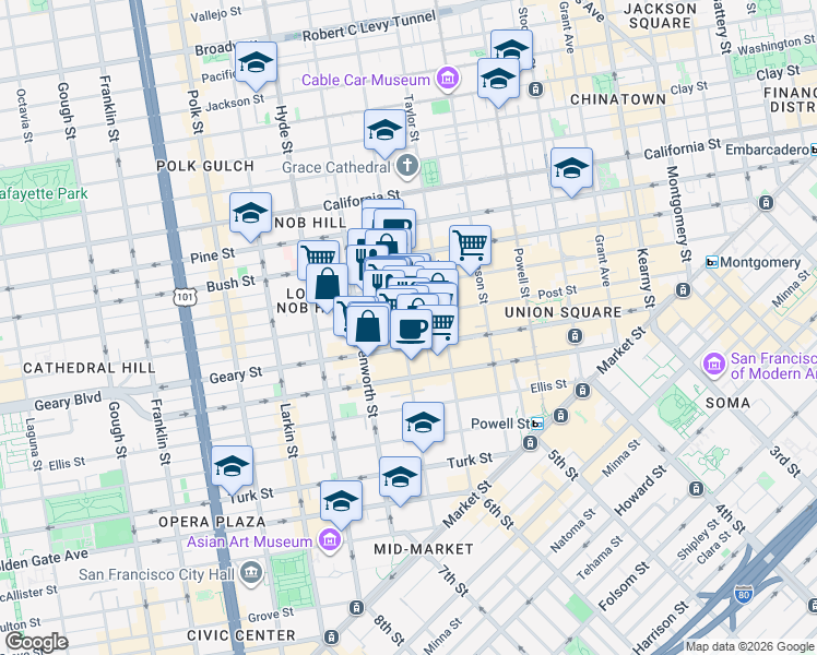 map of restaurants, bars, coffee shops, grocery stores, and more near 642 Jones Street in San Francisco