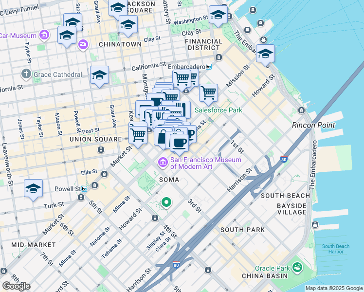 map of restaurants, bars, coffee shops, grocery stores, and more near 92 2nd Street in San Francisco