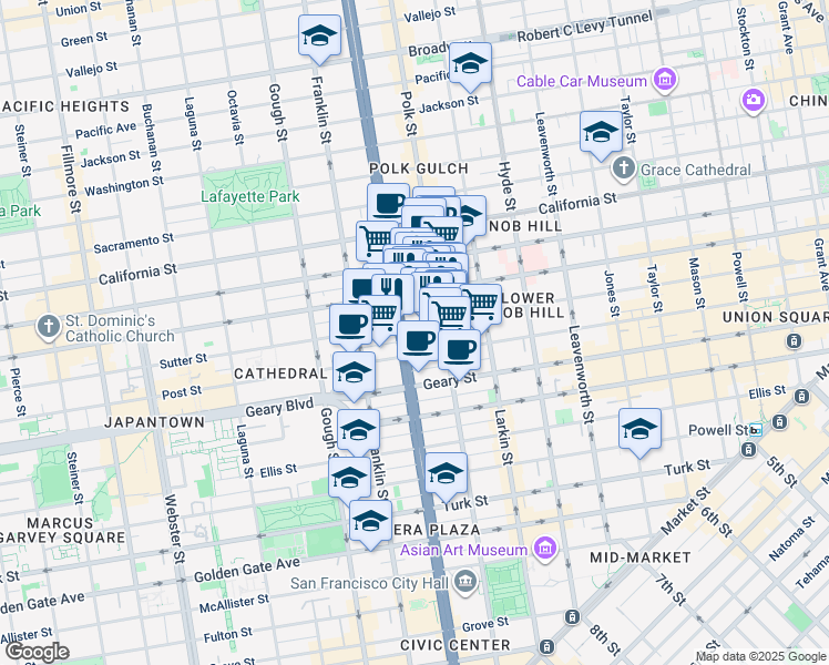 map of restaurants, bars, coffee shops, grocery stores, and more near 1285 Sutter Street in San Francisco
